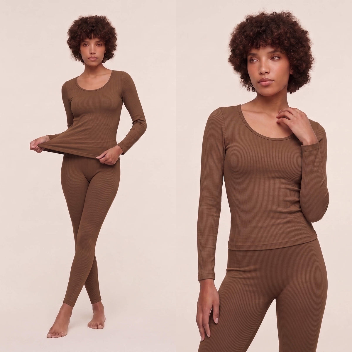 ThermaSculpt sculpting thermal underwear set in chocolate brown featuring fleece lined warmth and contouring fit