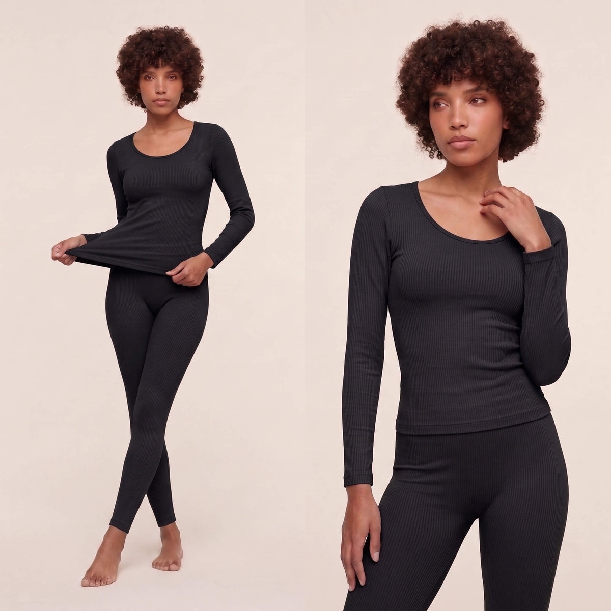 ThermaSculpt sculpting thermal underwear set in onyx black showcasing smooth silhouette and 360 tummy control panel