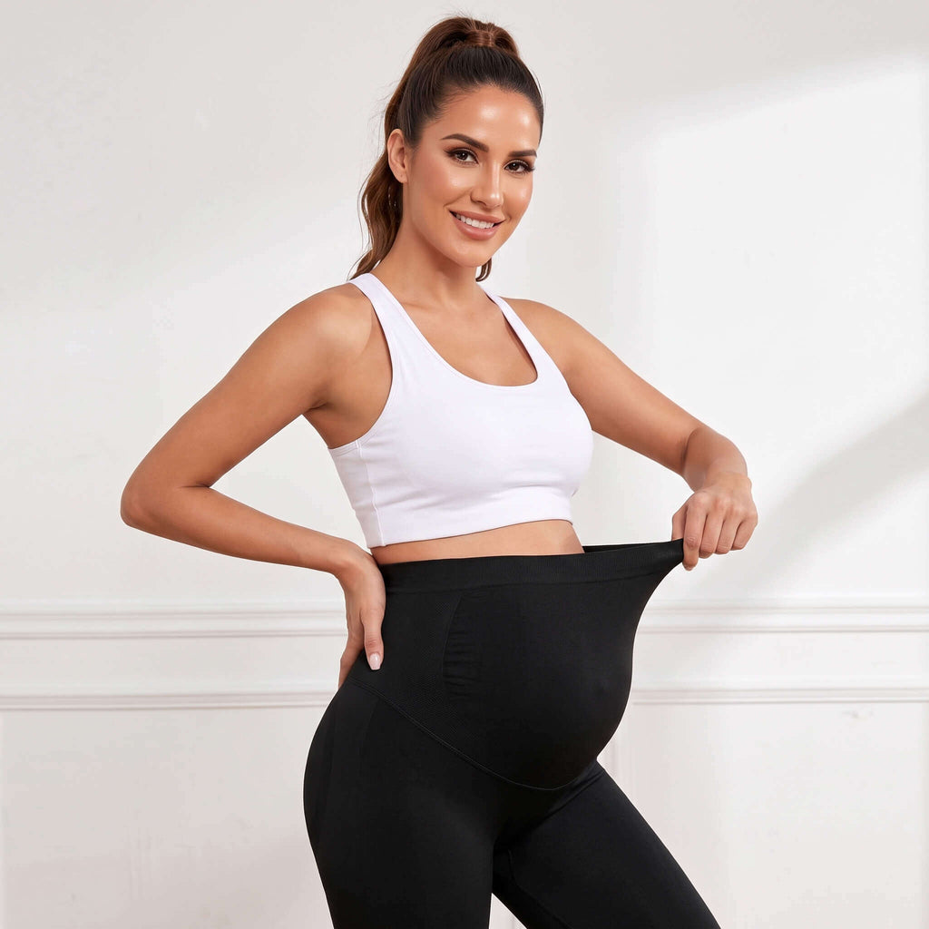 squat proof black maternity leggings with adaptive belly panel