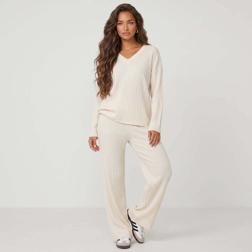 Front view of relaxed cream ribbed knit pajama set showing vertical knit texture and loose silhouette