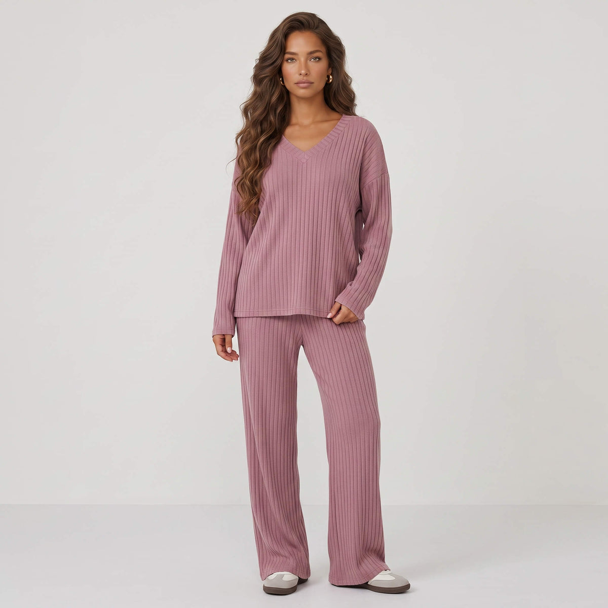 Dusty rose ribbed knit 2-piece loungewear pajama set for women, relaxed fit with straight-leg trousers