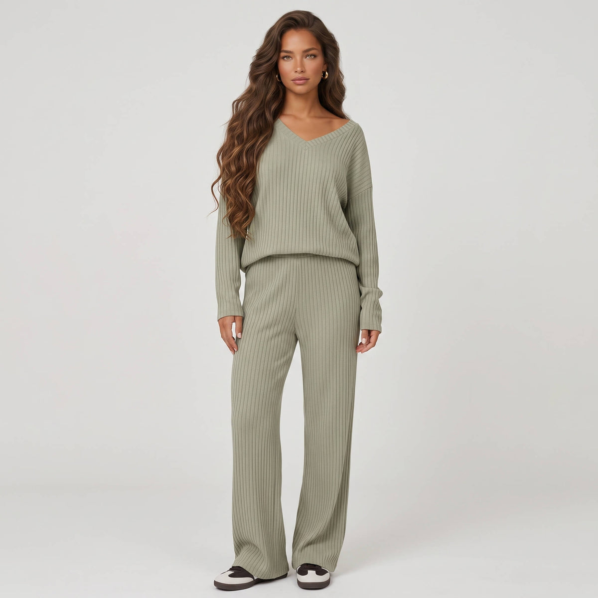 Soft sage green women's ribbed knit loungewear set with casual V-neck sweater and wide straight-leg pants