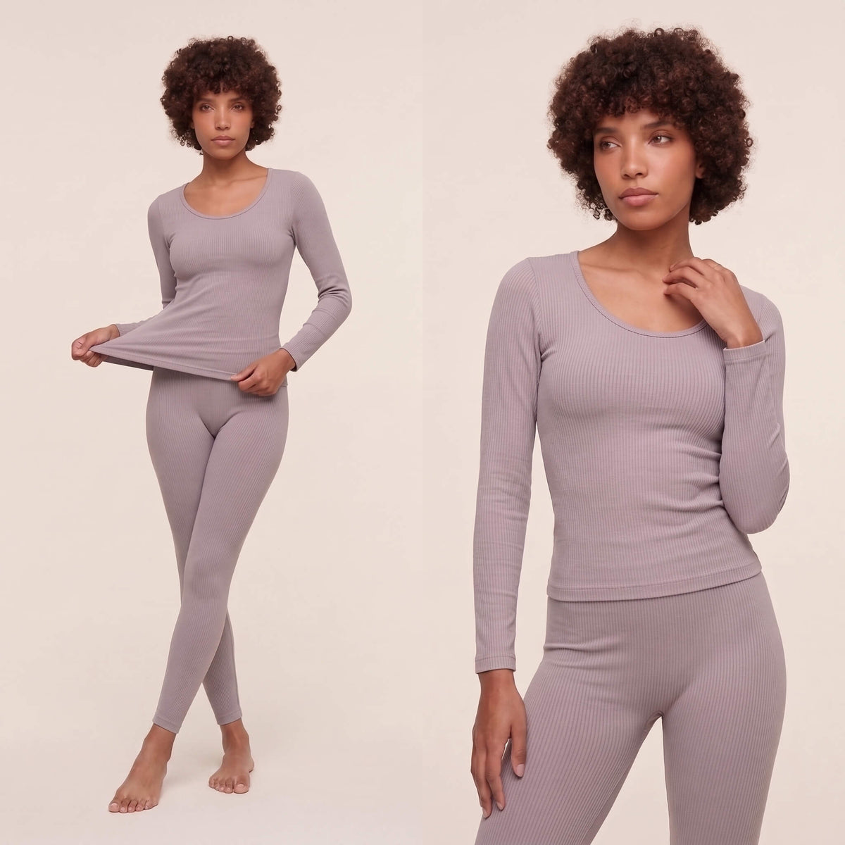 ThermaSculpt sculpting thermal underwear set in lavender grey with long sleeve ribbed top and high waist leggings