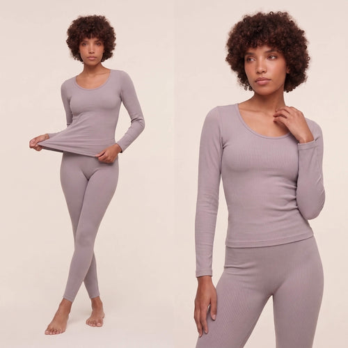 ThermaSculpt sculpting thermal underwear set in lavender grey with long sleeve ribbed top and high waist leggings