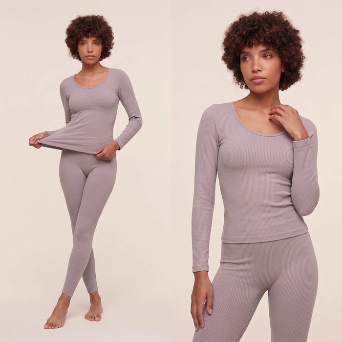 ThermaSculpt sculpting thermal underwear set in lavender grey with long sleeve ribbed top and high waist leggings