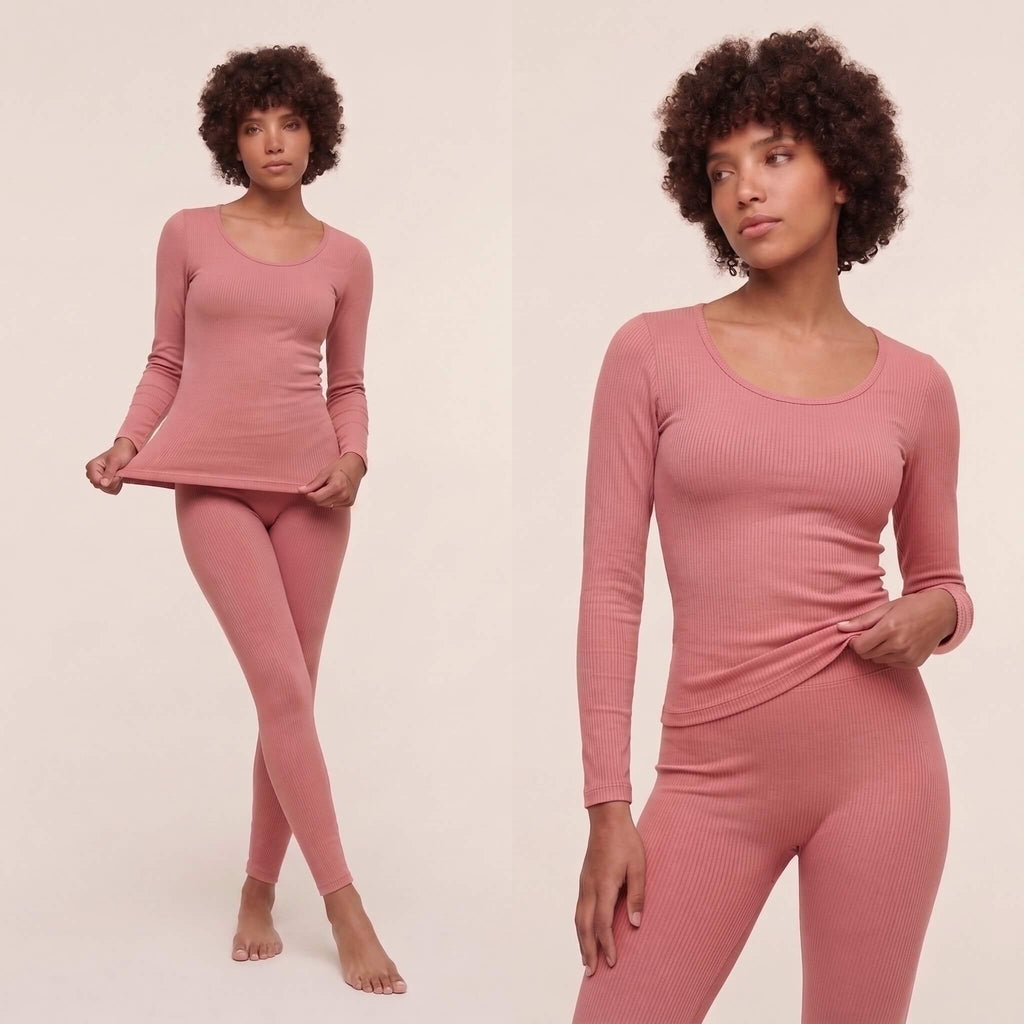 ThermaSculpt sculpting thermal underwear set in dusty rose pink with scoop neck top and full length ribbed leggings