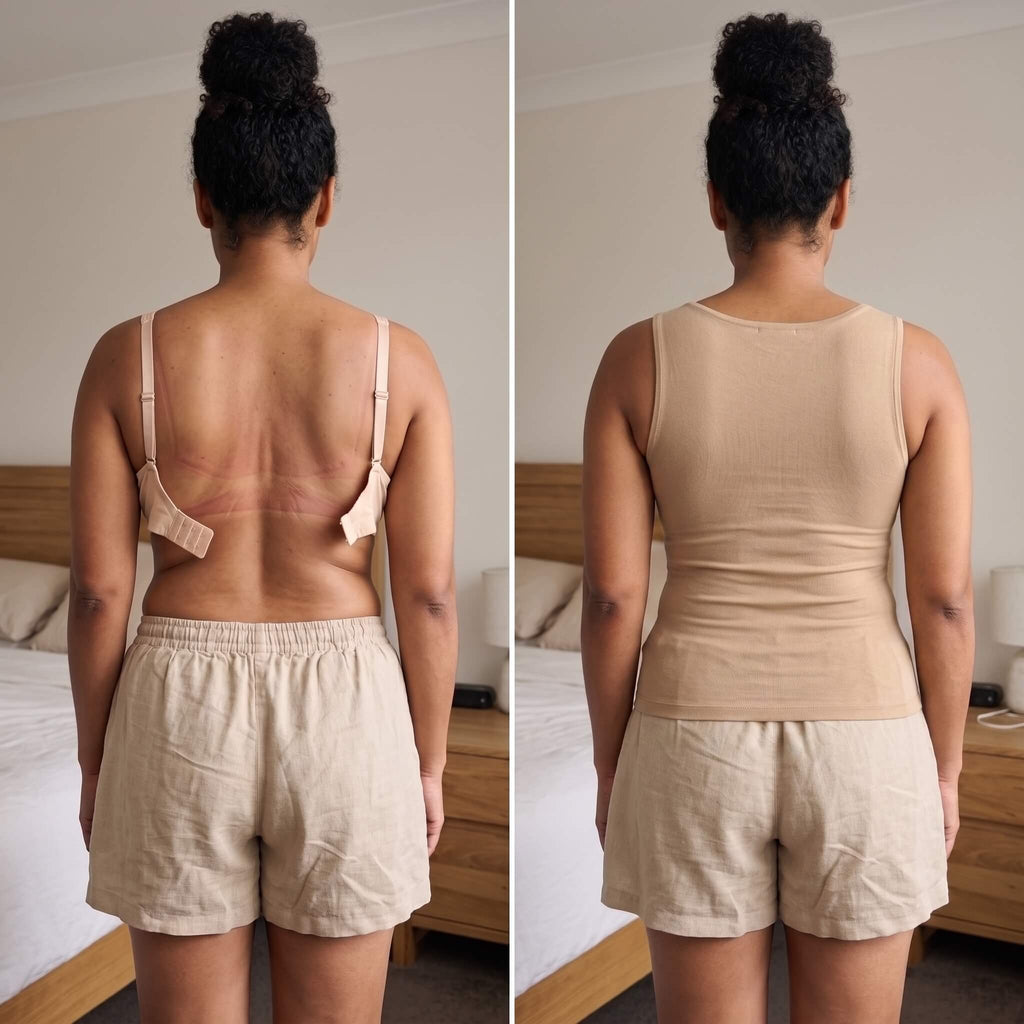 Before and after comparison of The Ease Comfort seamless bra tank top showing smooth back support and zero bra lines