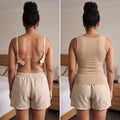 Before and after comparison of The Ease Comfort seamless bra tank top showing smooth back support and zero bra lines
