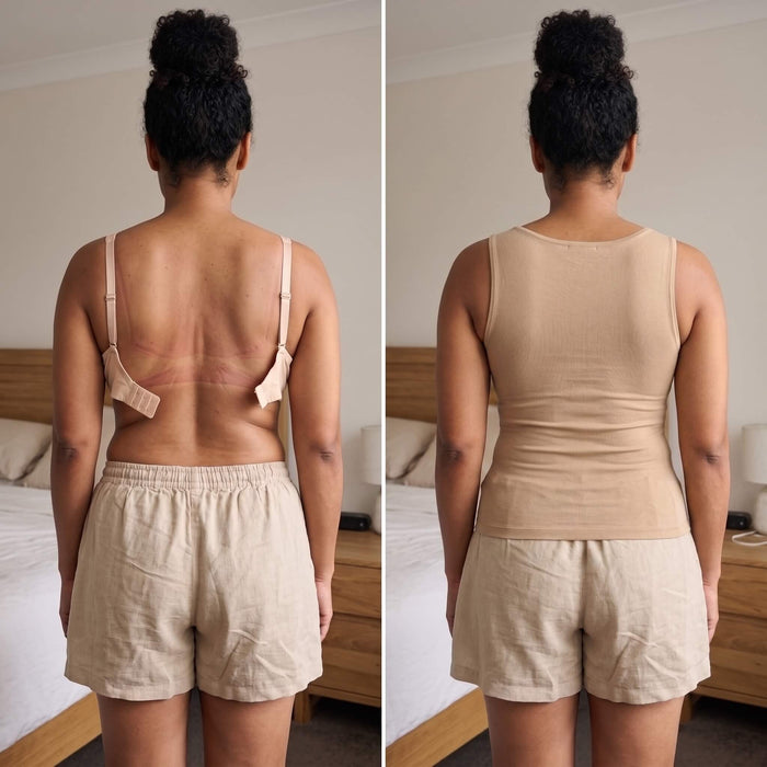 Before and after comparison of The Ease Comfort seamless bra tank top showing smooth back support and zero bra lines