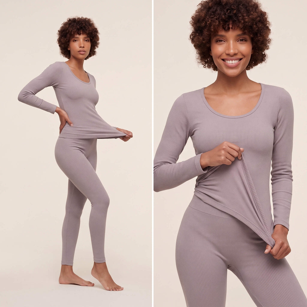 Woman wearing ThermaSculpt sculpting thermal underwear set in grey showing tummy control fit and ribbed texture