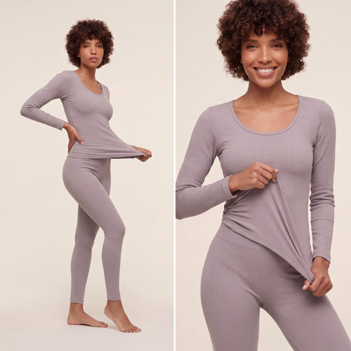 Woman wearing ThermaSculpt sculpting thermal underwear set in grey showing tummy control fit and ribbed texture